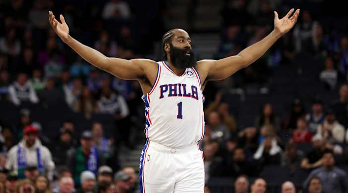 Philadelphia 76ers guard James Harden (1) reacts after scoring a basket against the Minnesota Timberwolves during the second half of an NBA basketball game Friday, Feb. 25, 2022, in Minneapolis.